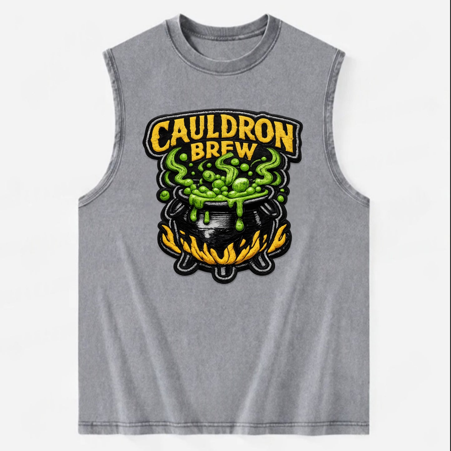 CAULDRON BREW - bubbling pot in black and green , witch craft - Vintage Washed Tank - Grey