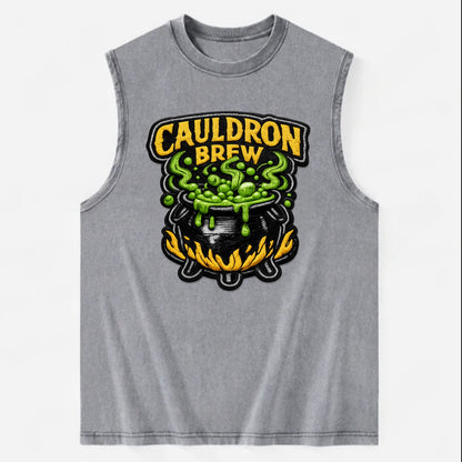CAULDRON BREW - bubbling pot in black and green , witch craft - Vintage Washed Tank - Grey
