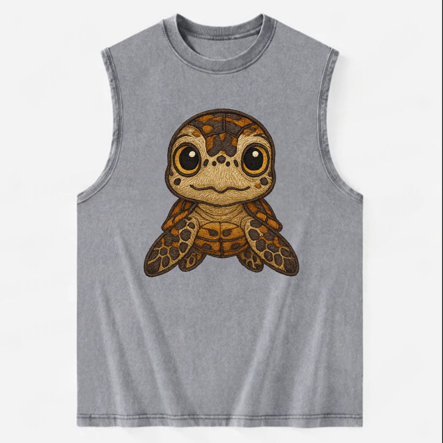 Baby Hawksbill Turtle - amber and brown shell pattern, curious golden eyes, - Vintage Washed Tank - Grey
