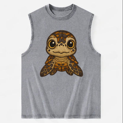 Baby Hawksbill Turtle - amber and brown shell pattern, curious golden eyes, - Vintage Washed Tank - Grey