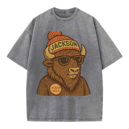 Jackson Hole Bison wearing Jackson beanie with pom pom and wayfarer sunglasses - Vintage T-shirt - Grey