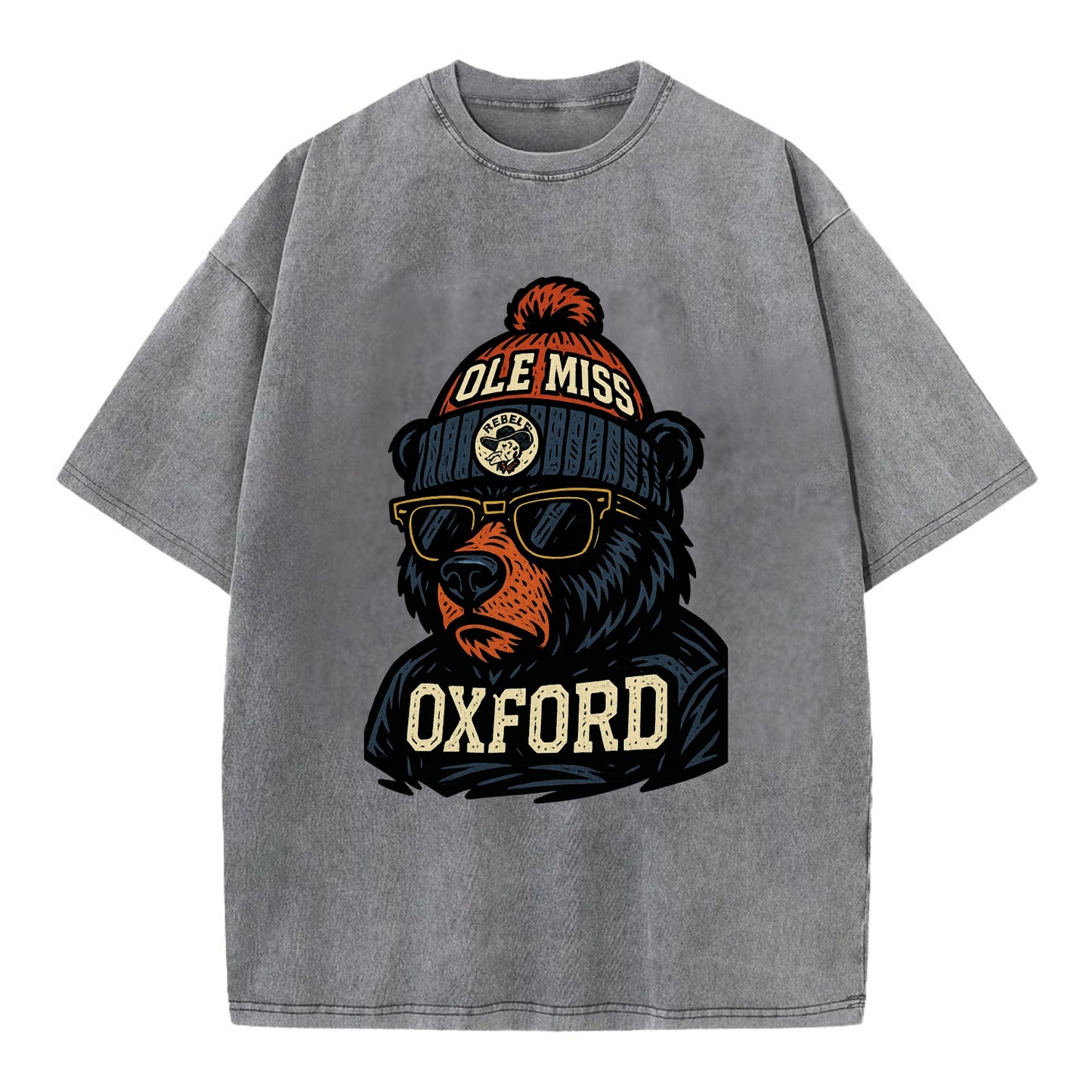 Oxford Black Bear wearing Ole Miss beanie with rebel patch - Vintage T-shirt - Grey