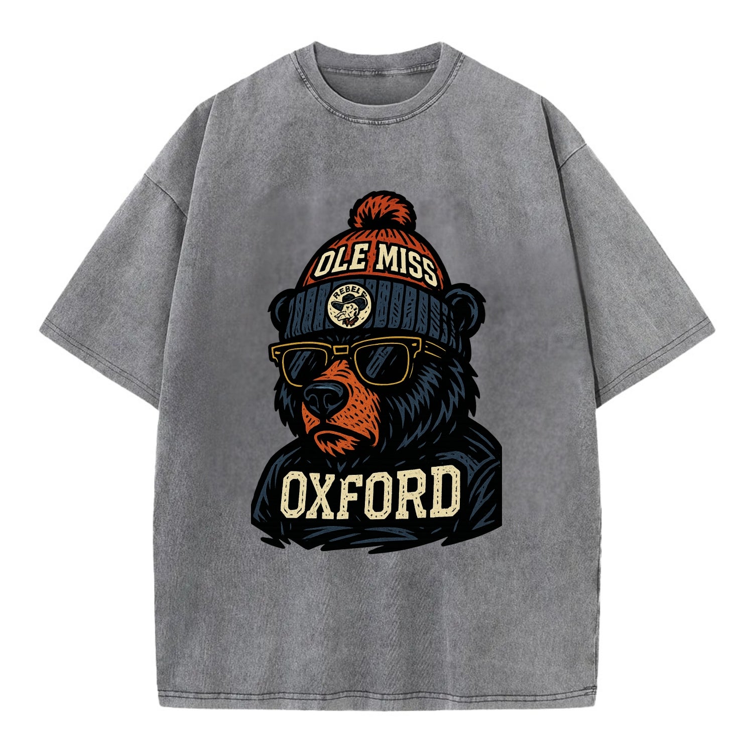 Oxford Black Bear wearing Ole Miss beanie with rebel patch - Vintage T-shirt - Grey