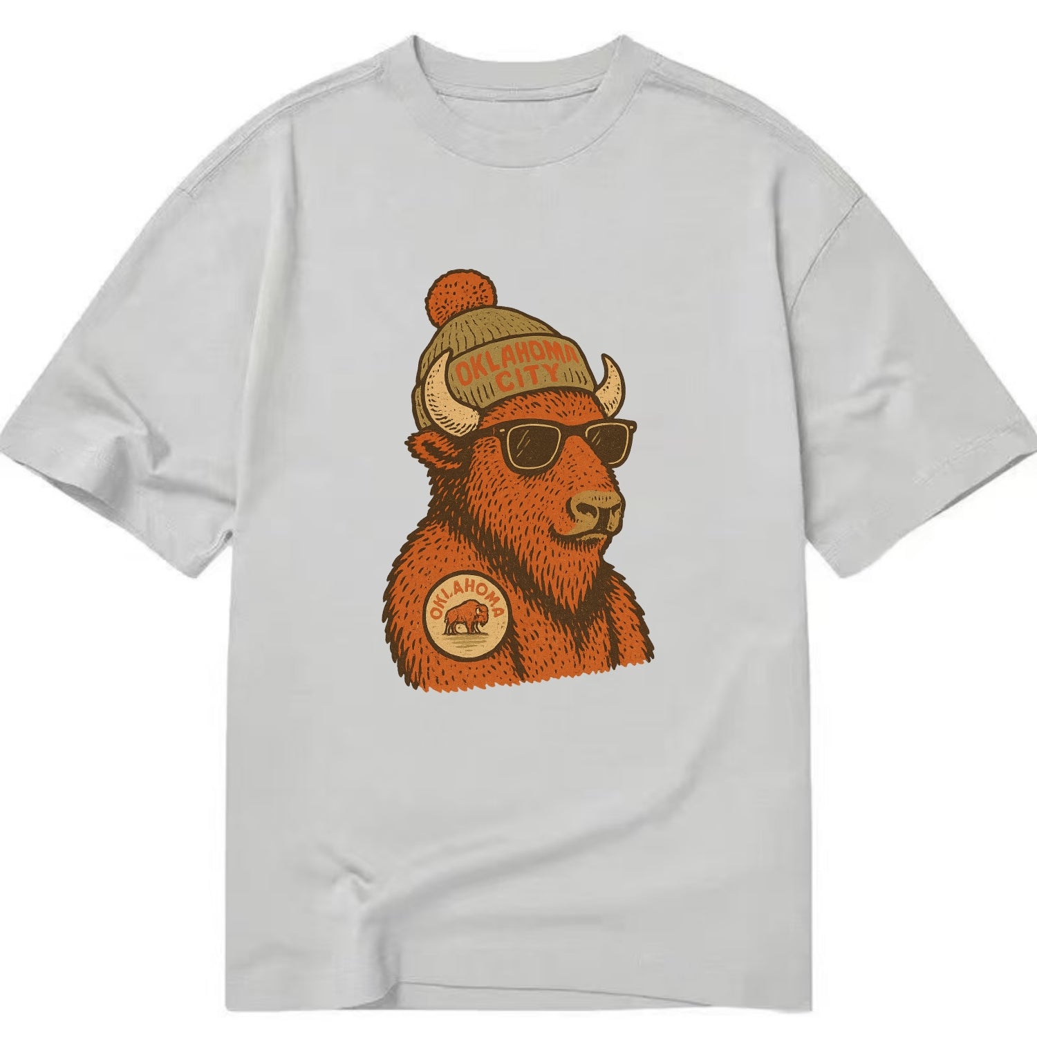 Oklahoma Buffalo wearing Oklahoma City beanie with pom pom and wayfarer sunglasses - Classic T-shirt - Grey