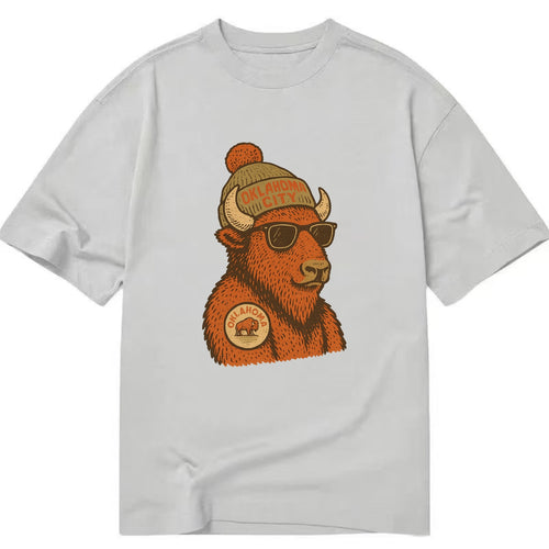 Oklahoma Buffalo wearing Oklahoma City beanie with pom pom and wayfarer sunglasses - Classic T-shirt