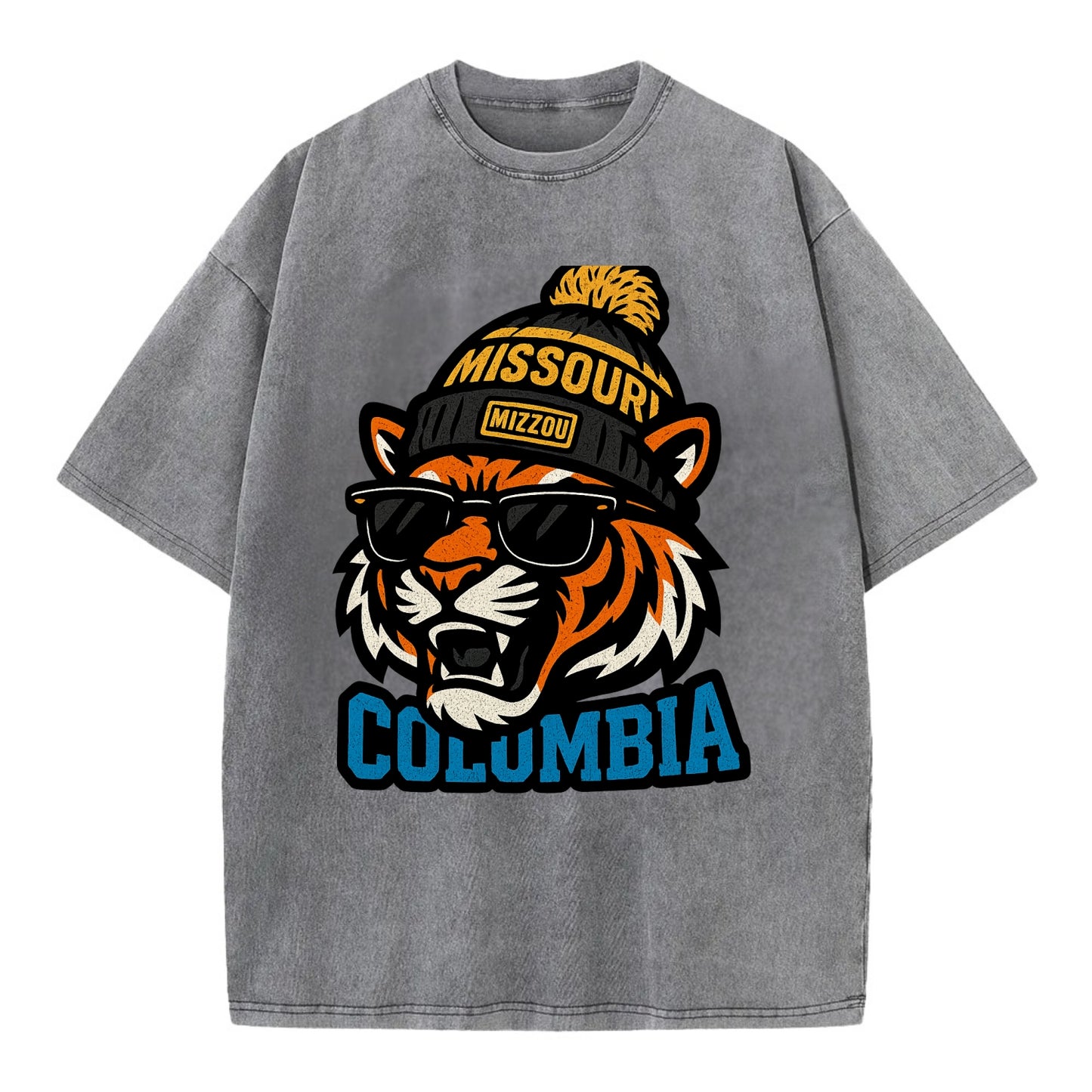 Columbia Tiger wearing Missouri beanie with Mizzou patch - Vintage T-shirt - Grey