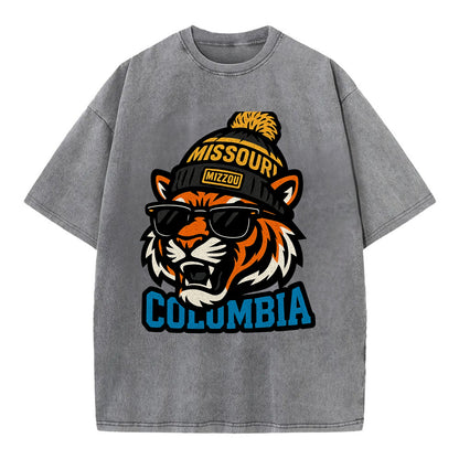 Columbia Tiger wearing Missouri beanie with Mizzou patch - Vintage T-shirt - Grey