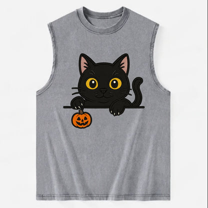 Midnight the black cat poking tongue out playfully while peeking. - Vintage Washed Tank - Grey