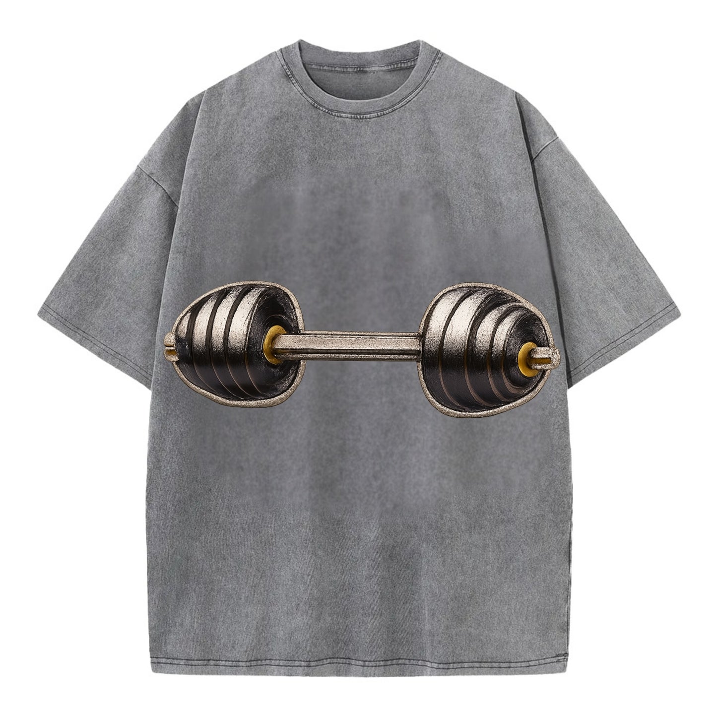 Embroidered patch design - WEIGHTLIFTING BARBELL - heavy barbell with plates in - Vintage T-shirt - Grey