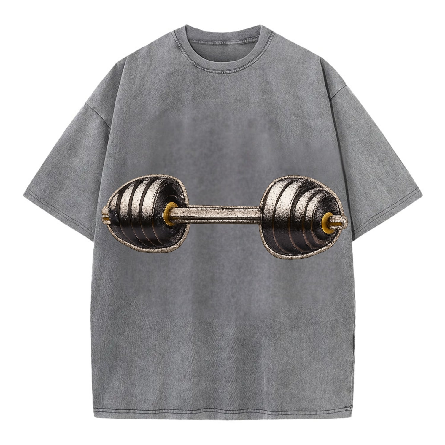 Embroidered patch design - WEIGHTLIFTING BARBELL - heavy barbell with plates in - Vintage T-shirt - Grey