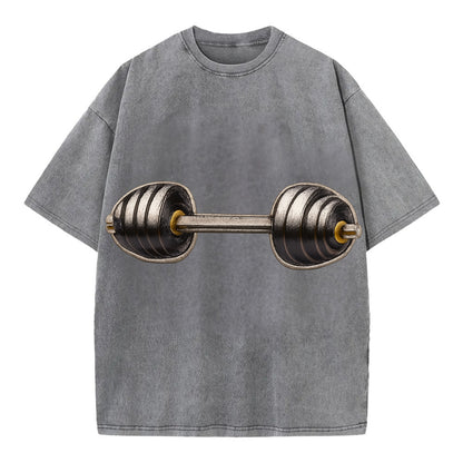 Embroidered patch design - WEIGHTLIFTING BARBELL - heavy barbell with plates in - Vintage T-shirt - Grey