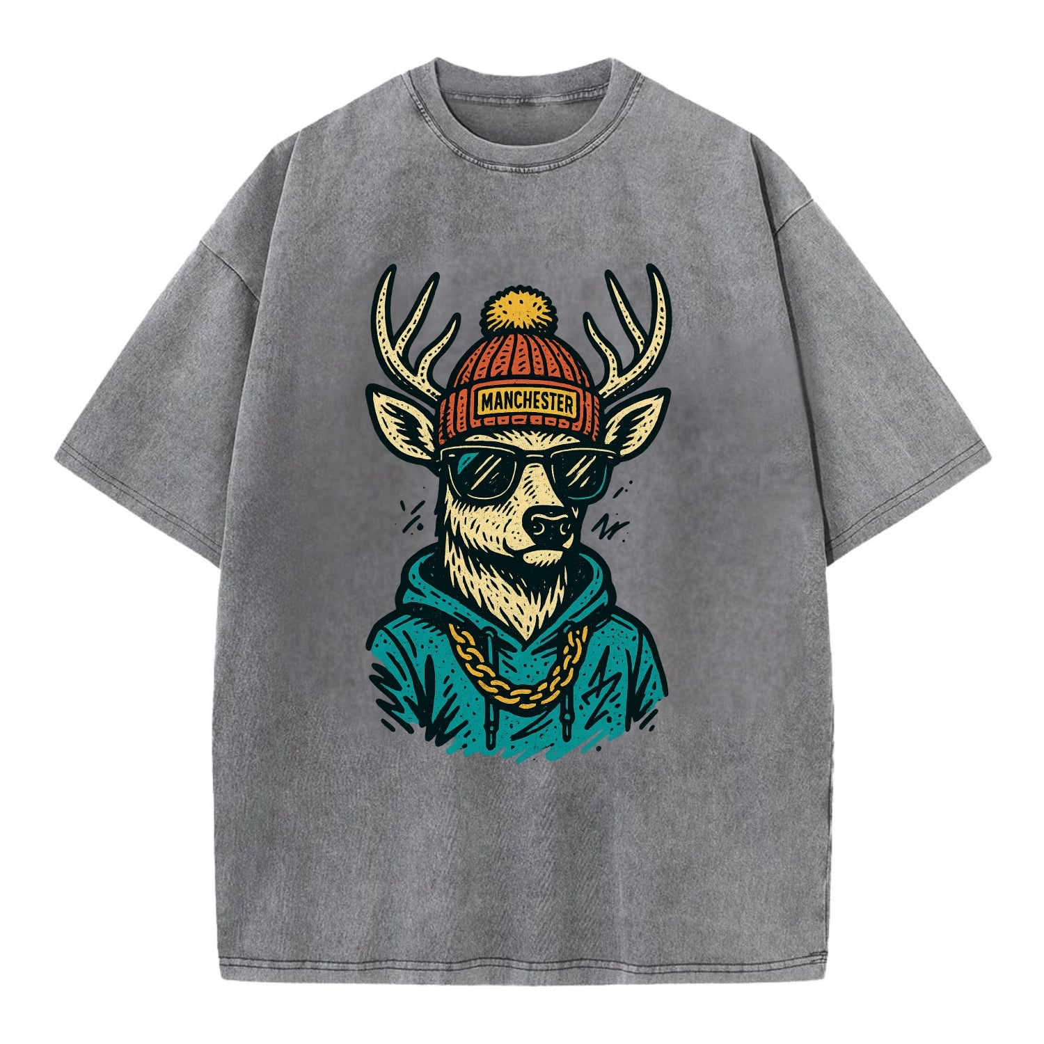 New Hampshire White-tailed Deer wearing Manchester beanie with pom pom and - Vintage T-shirt - Grey