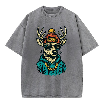 New Hampshire White-tailed Deer wearing Manchester beanie with pom pom and - Vintage T-shirt - Grey