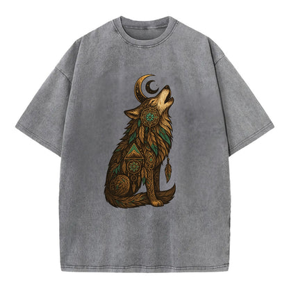 Celestial Moon Wolf  - Vintage T-shirt - Grey