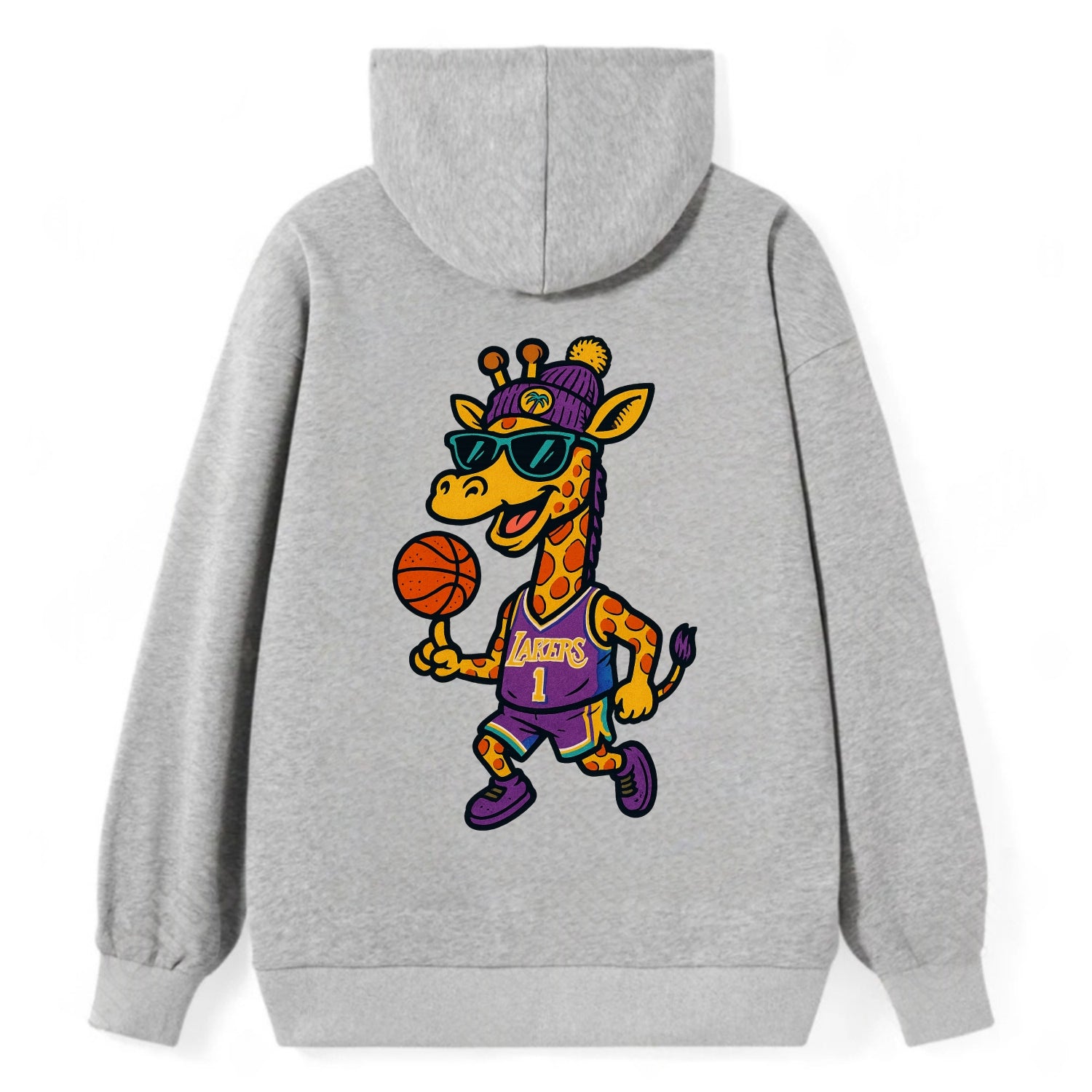 California Giraffe wearing Lakers beanie with palm tree patch and - Classic Pullover Hoodie - Grey