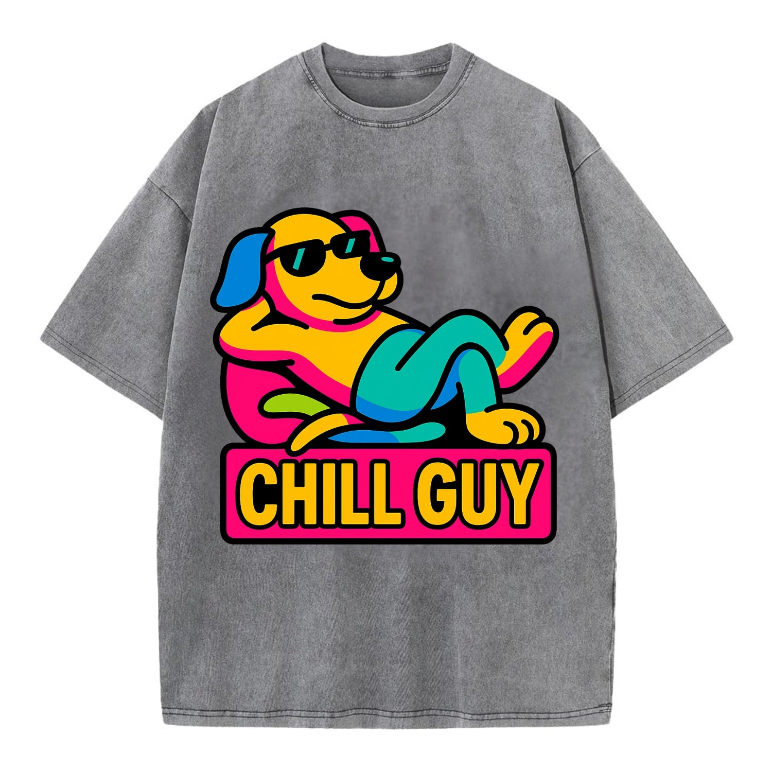 Super relaxed dog character lounging unbothered - "Chill Guy" meme energy, laid - Vintage T-shirt - Grey