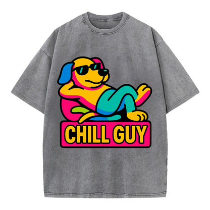 Super relaxed dog character lounging unbothered - "Chill Guy" meme energy, laid - Vintage T-shirt - Grey