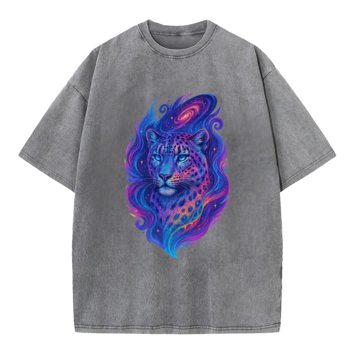 Majestic snow leopard with rainbow gradient spots, crystalline flowing patterns, - Vintage T-shirt - Grey