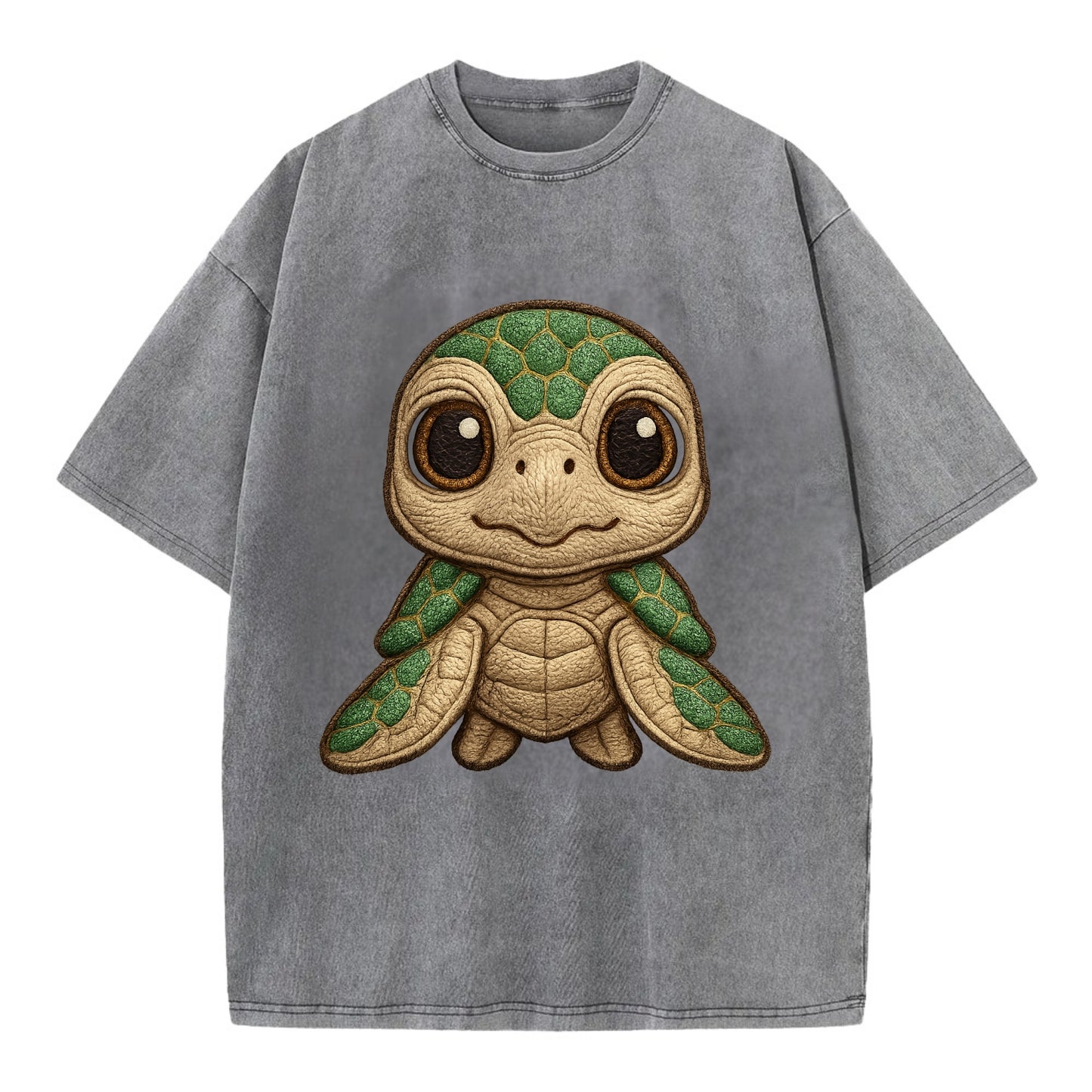 Baby Green Sea Turtle - emerald shell, large innocent brown eyes, tiny flippers, - Vintage T-shirt - Grey