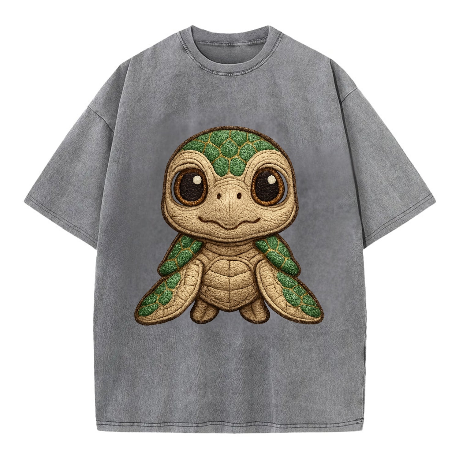 Baby Green Sea Turtle - emerald shell, large innocent brown eyes, tiny flippers, - Vintage T-shirt - Grey