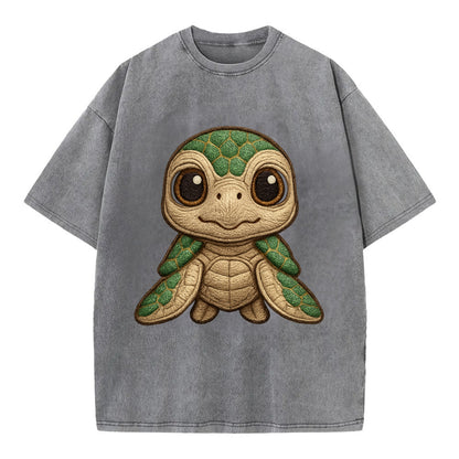 Baby Green Sea Turtle - emerald shell, large innocent brown eyes, tiny flippers, - Vintage T-shirt - Grey