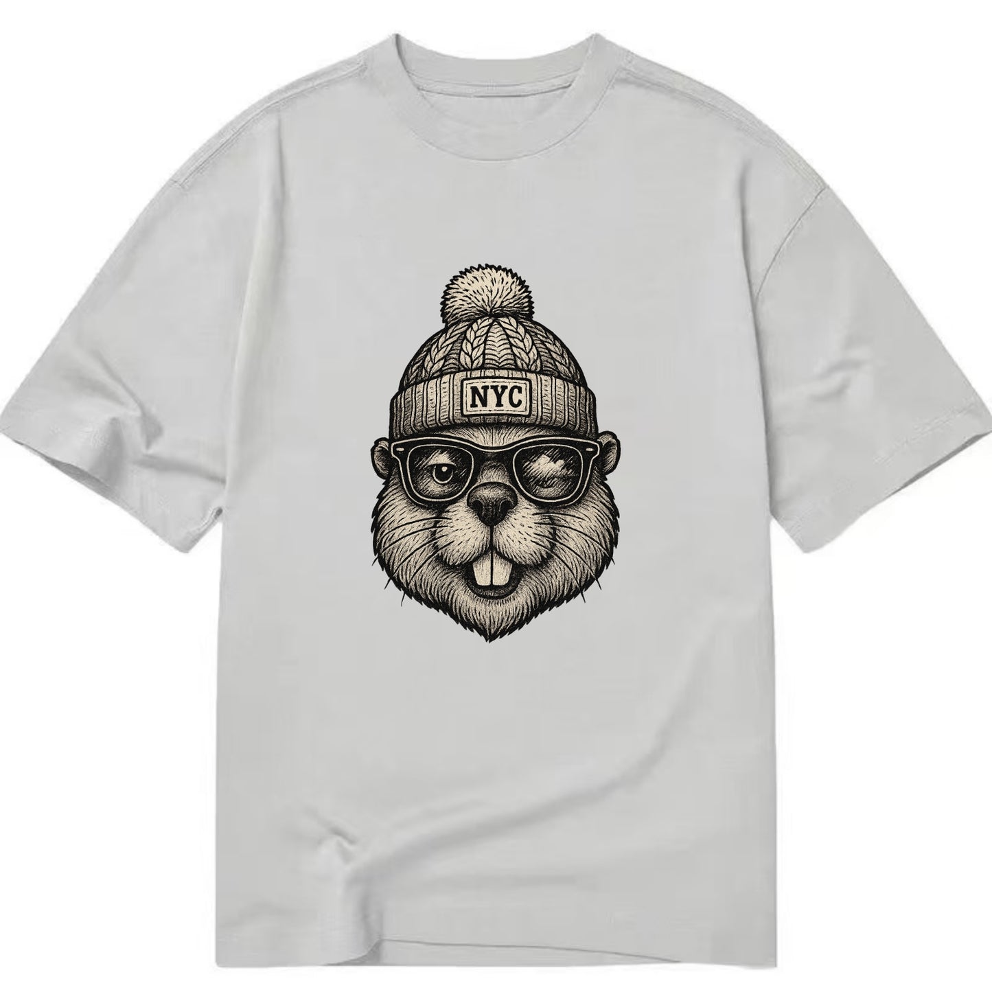 New York Beaver wearing NYC beanie with pom pom and wayfarer sunglasses - Classic T-shirt - Grey