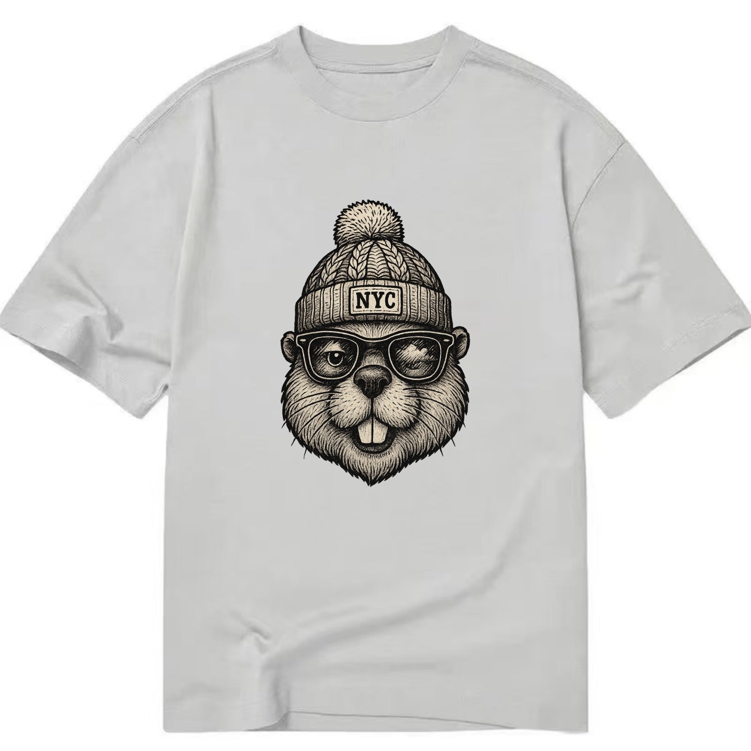 New York Beaver wearing NYC beanie with pom pom and wayfarer sunglasses - Classic T-shirt - Grey