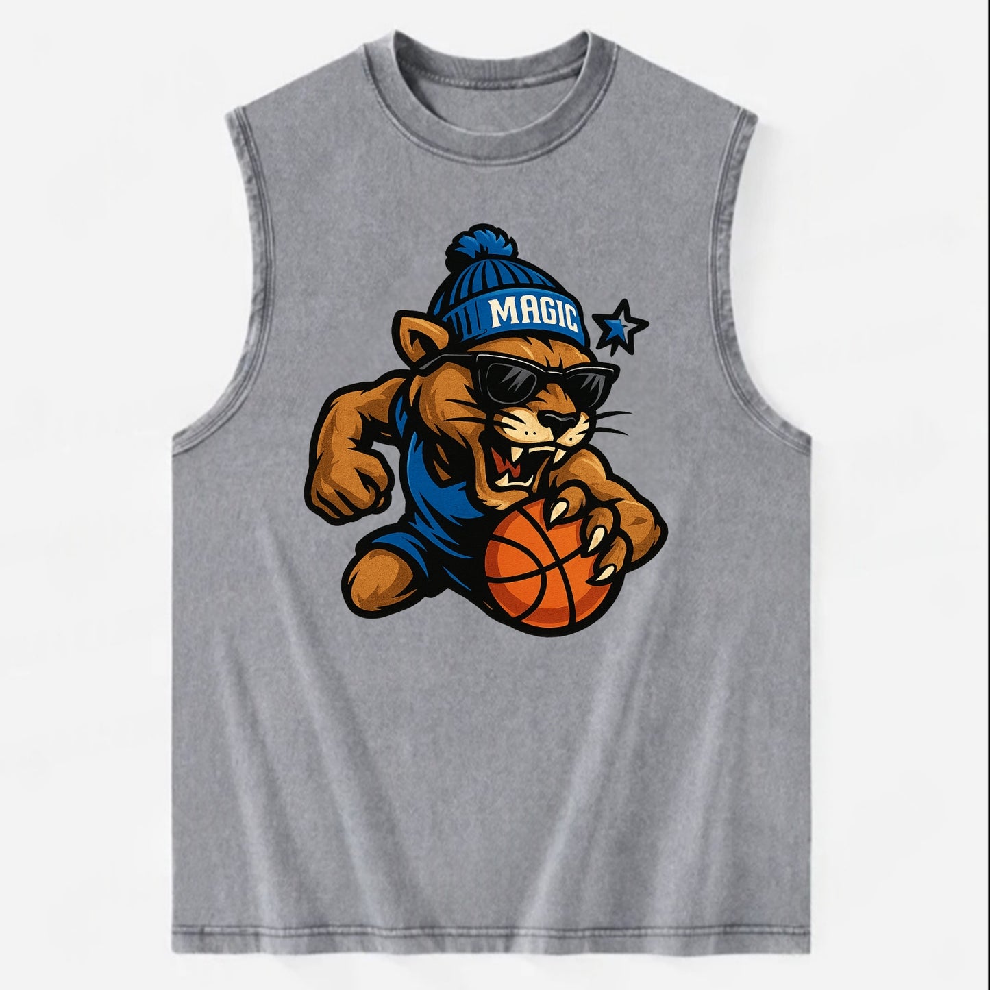 Florida Panther wearing Magic beanie with star wand patch and wayfarer - Vintage Washed Tank - Grey