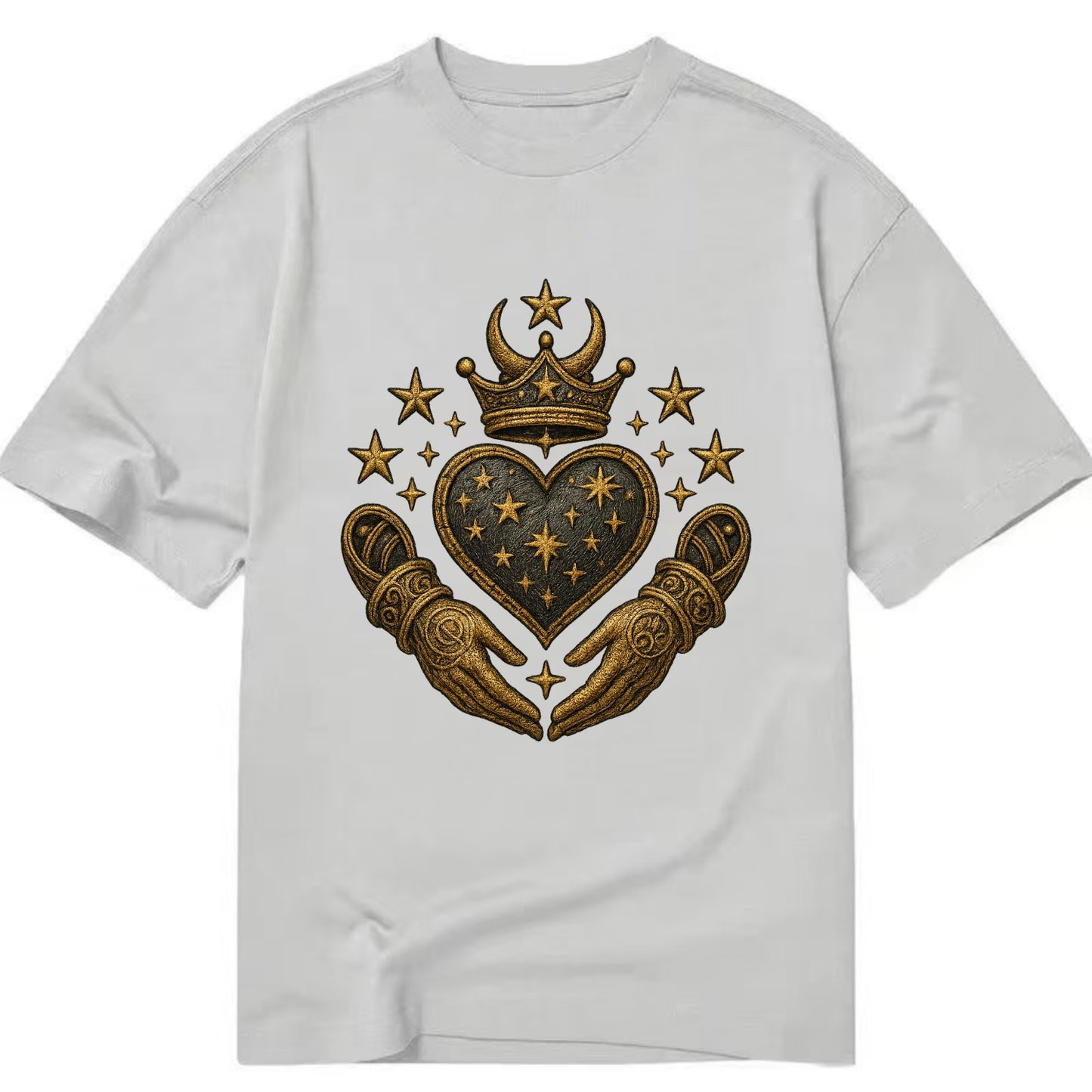 Weathered antique brass crown above a hammered gunmetal heart framed by ivy-woven - Classic T-shirt - Grey