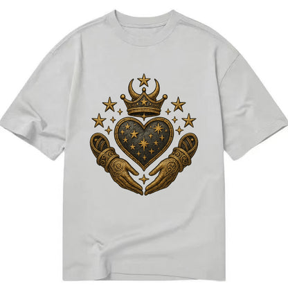 Weathered antique brass crown above a hammered gunmetal heart framed by ivy-woven - Classic T-shirt - Grey