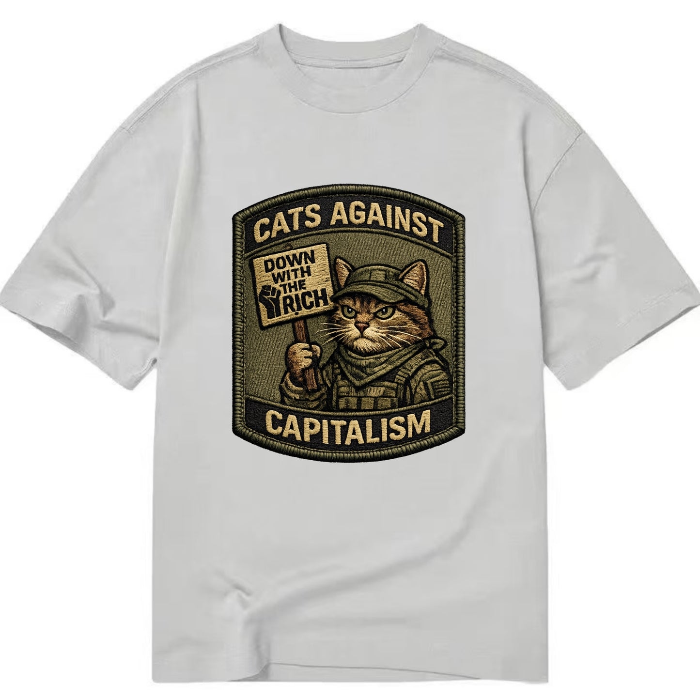 CATS AGAINST CAPITALISM - cat with protest sign in red , political cat - Classic T-shirt - Grey