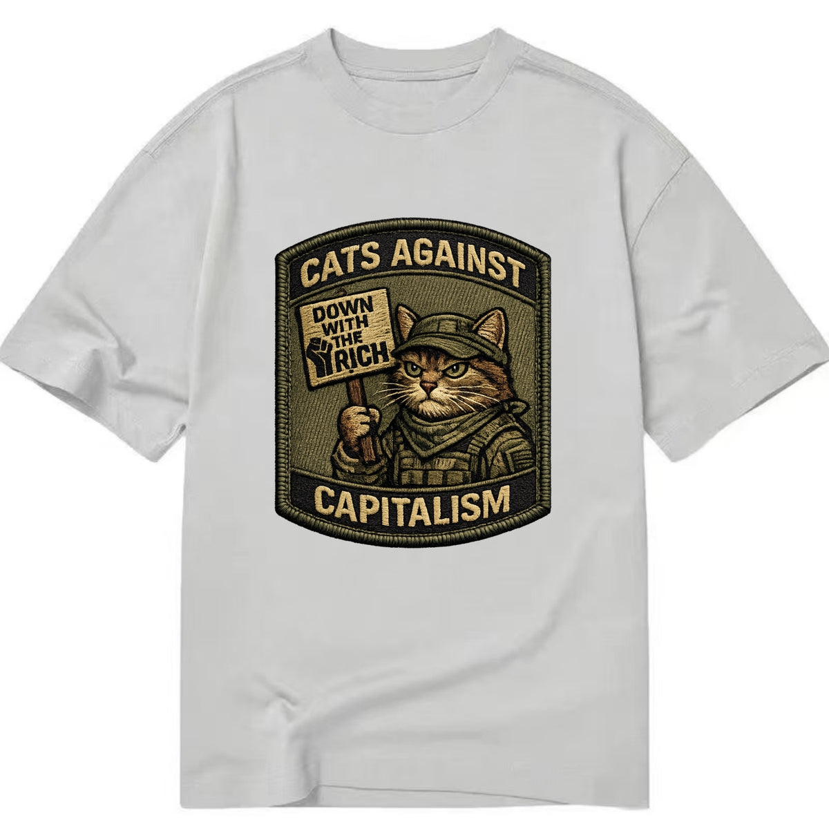 CATS AGAINST CAPITALISM - cat with protest sign in red , political cat - Classic T-shirt - Grey