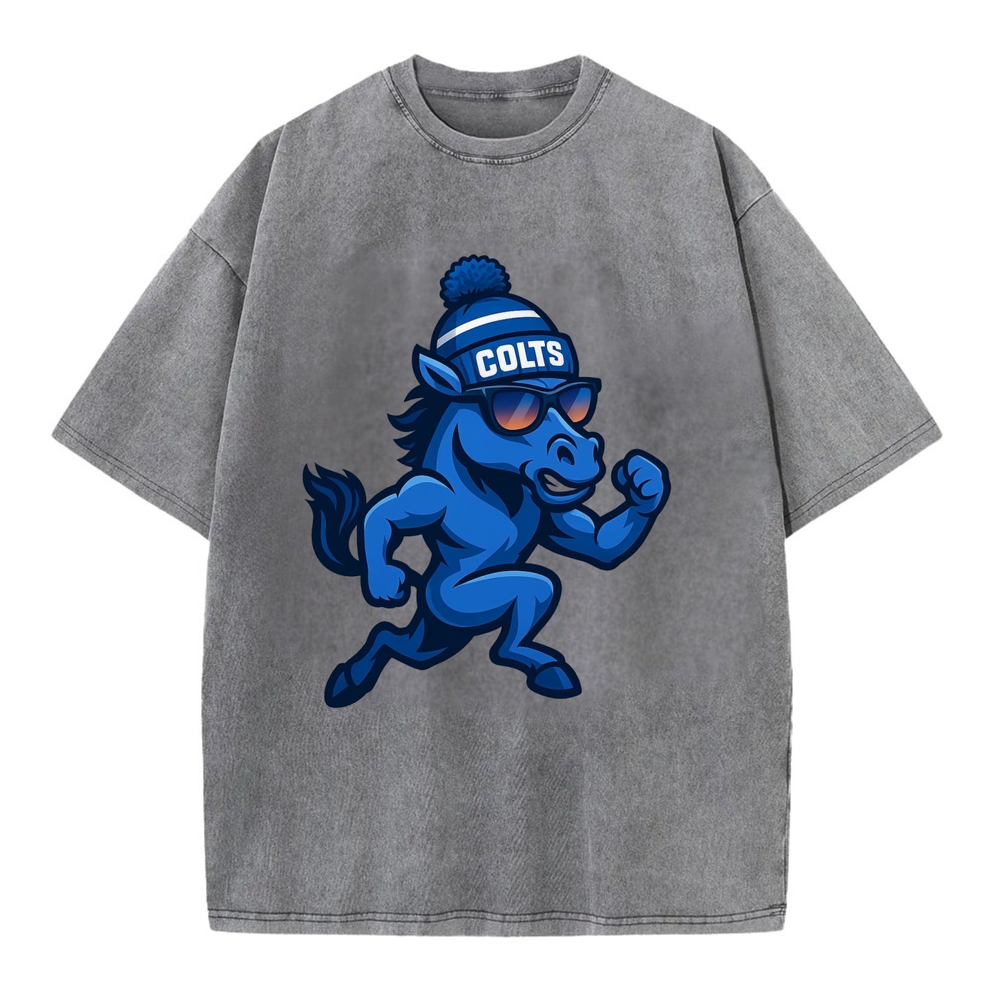 Indianapolis Colt Horse wearing Colts blue and white beanie with pom pom and - Vintage T-shirt - Grey