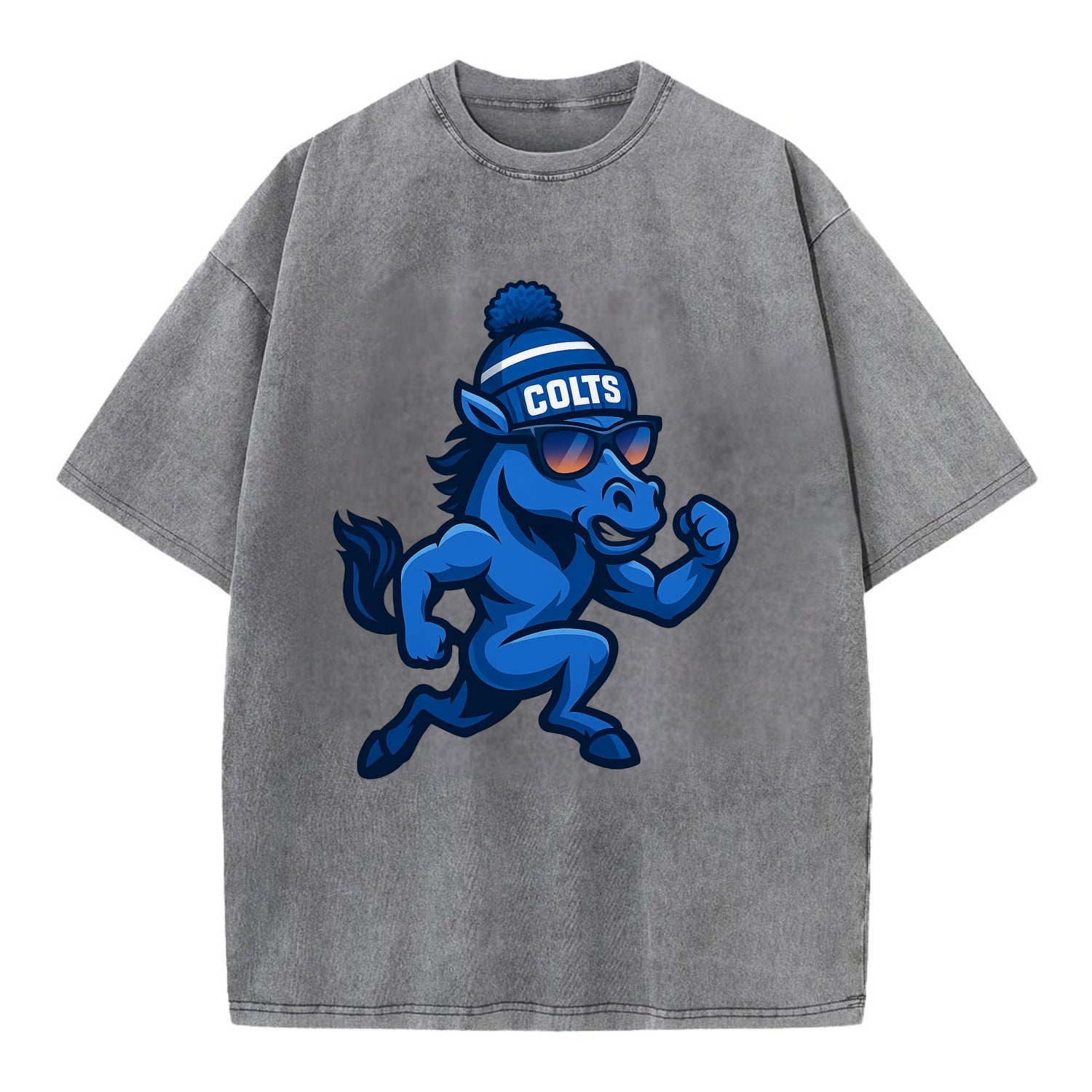 Indianapolis Colt Horse wearing Colts blue and white beanie with pom pom and - Vintage T-shirt - Grey