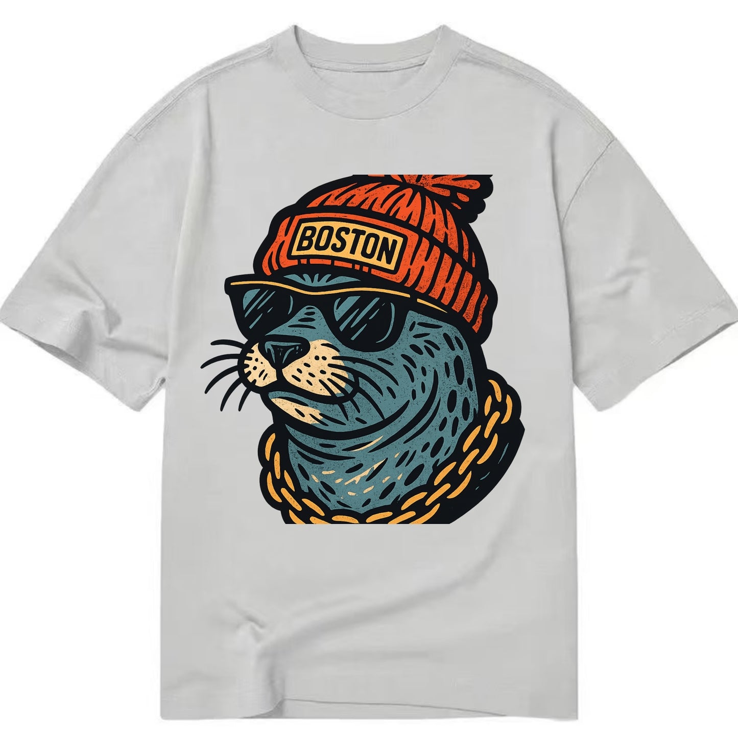 Boston Harbor Seal wearing Boston beanie with pom pom and wayfarer sunglasses - Classic T-shirt - Grey