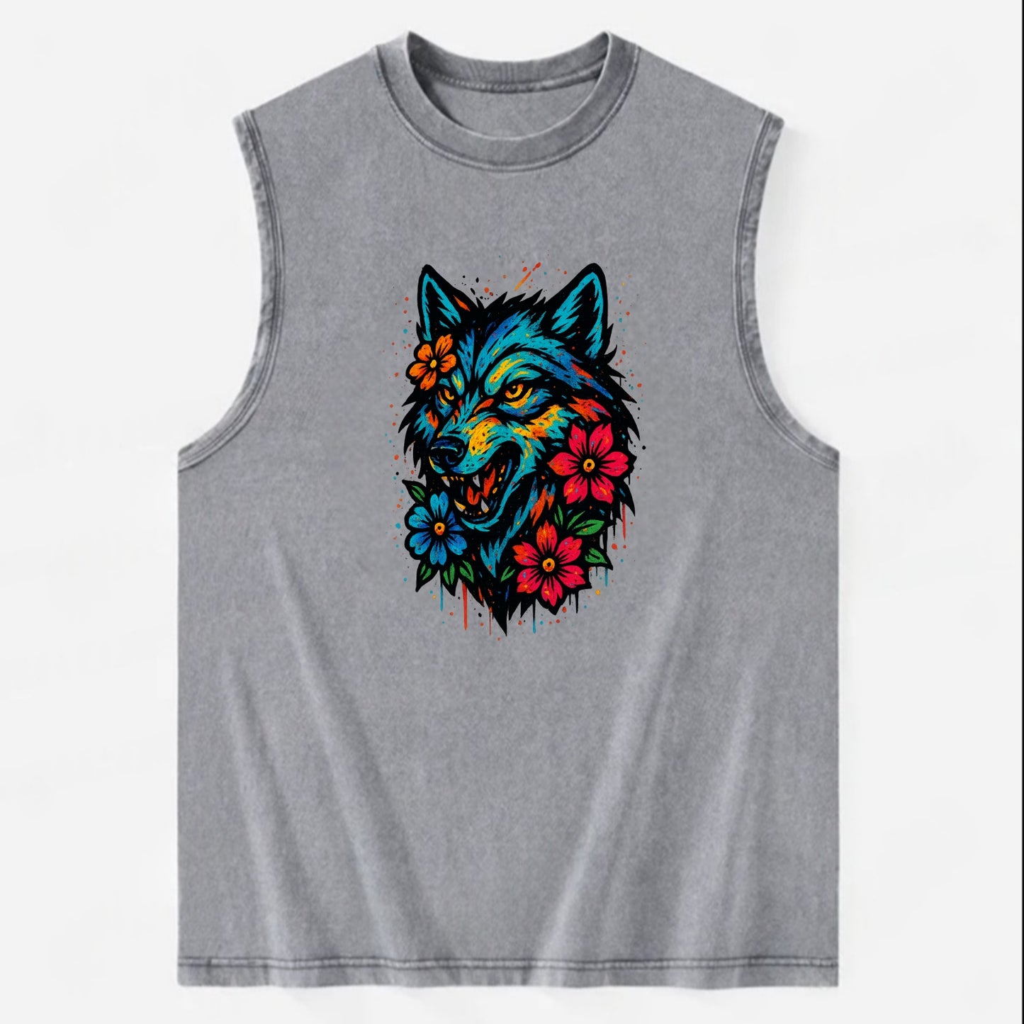 Floral Wolf Garden  - Vintage Washed Tank - Grey
