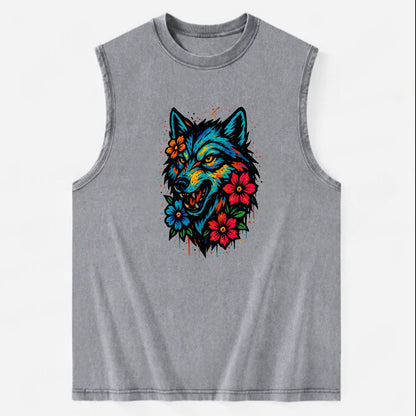 Floral Wolf Garden  - Vintage Washed Tank - Grey