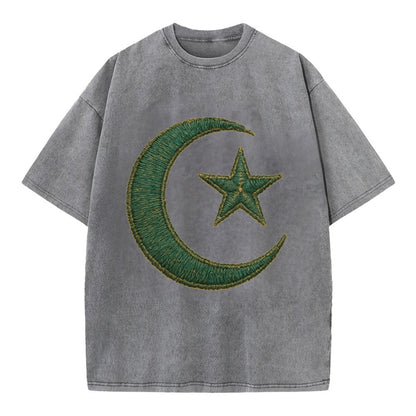 Crescent Moon and Star - Vintage T-shirt - Grey