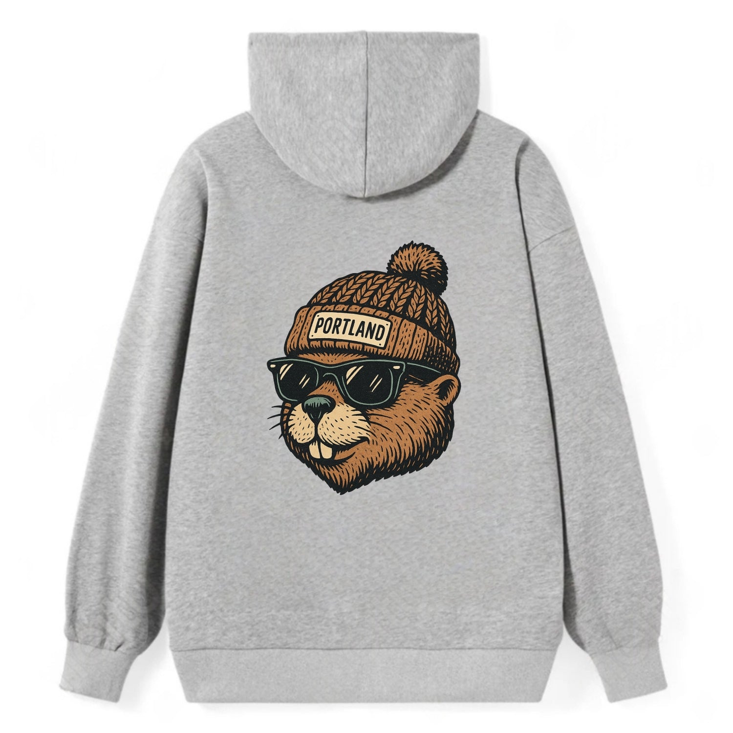 Portland Beaver wearing Portland beanie with pom pom and wayfarer - Classic Pullover Hoodie - Grey