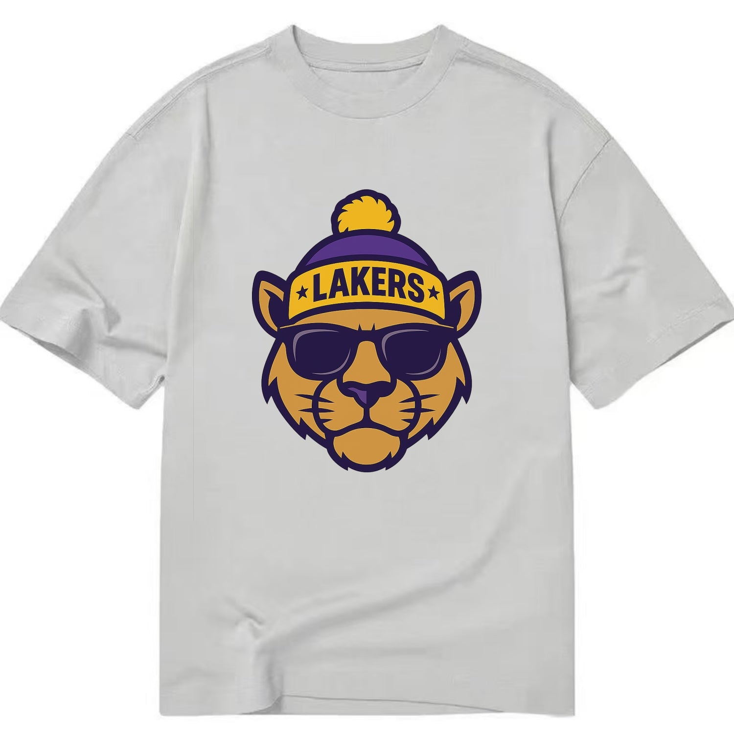 LA Mountain Lion wearing Lakers purple and gold beanie with championship stars - Classic T-shirt - Grey