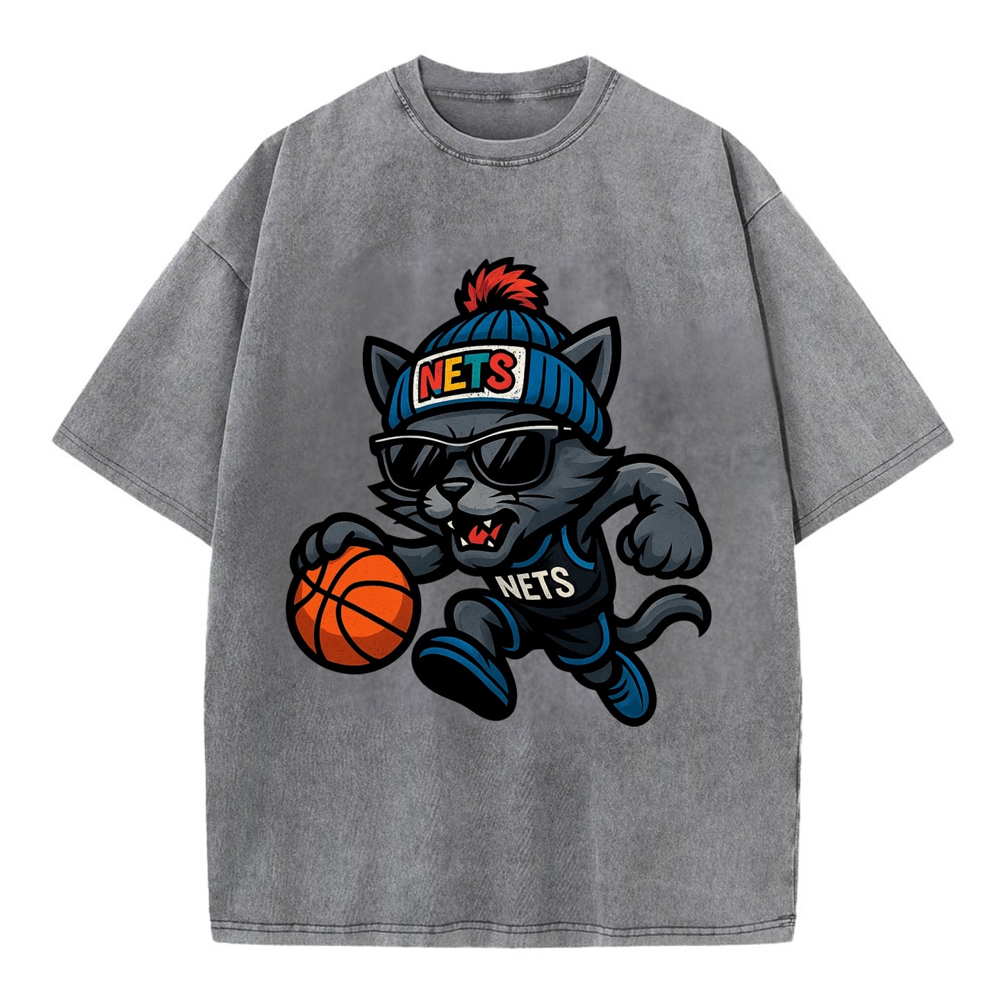 Brooklyn Cat wearing Nets beanie with street art patch and wayfarer sunglasses - Vintage T-shirt - Grey