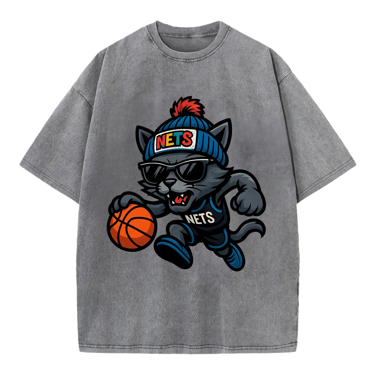 Brooklyn Cat wearing Nets beanie with street art patch and wayfarer sunglasses - Vintage T-shirt - Grey