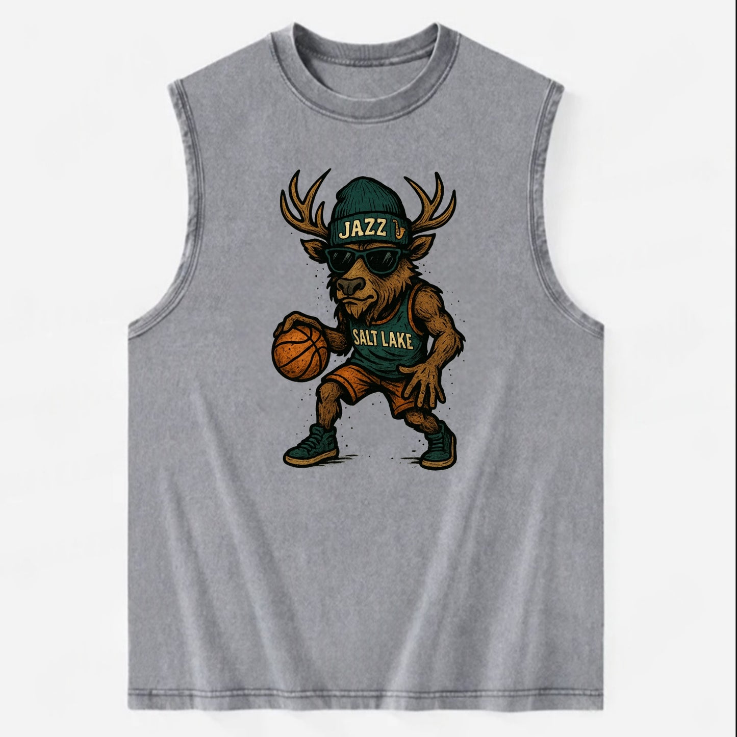 Salt Lake Elk wearing Jazz beanie with saxophone patch and wayfarer sunglasses - Vintage Washed Tank - Grey