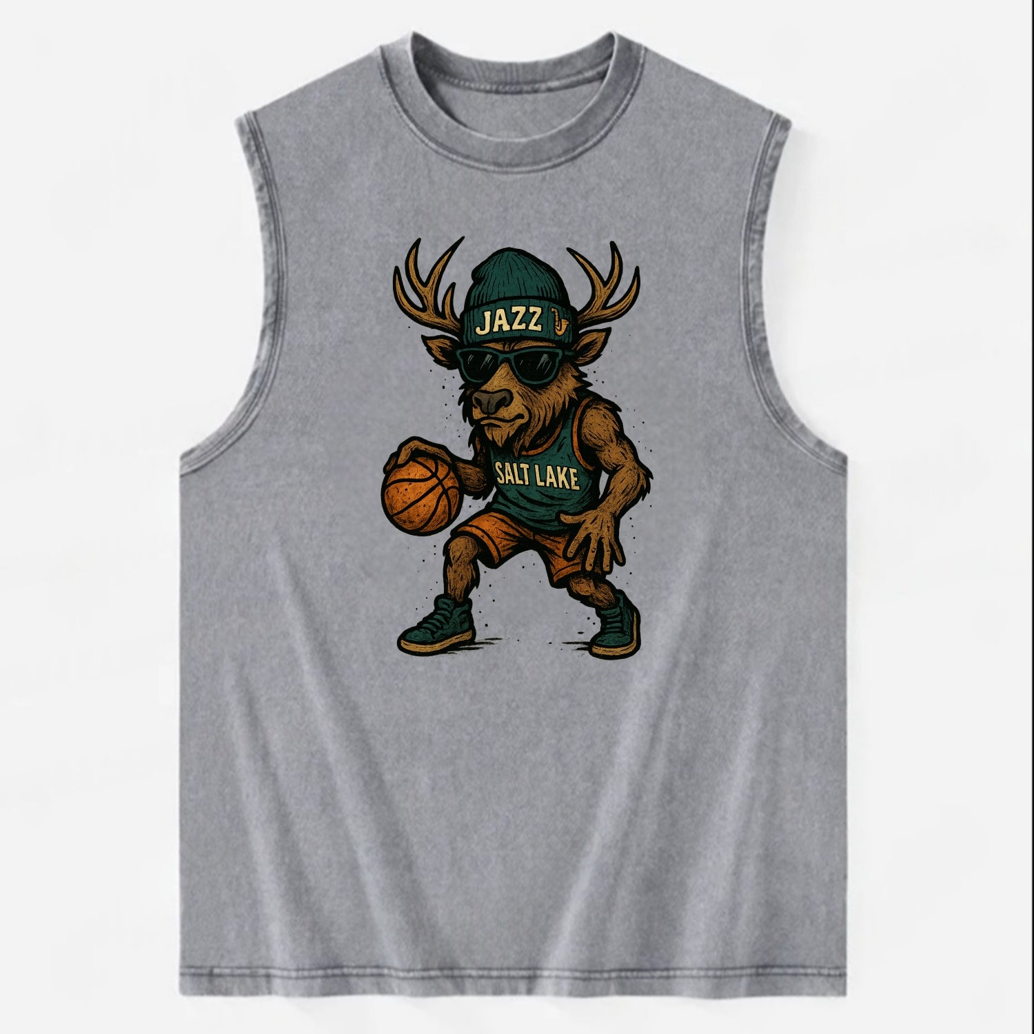 Salt Lake Elk wearing Jazz beanie with saxophone patch and wayfarer sunglasses - Vintage Washed Tank - Grey