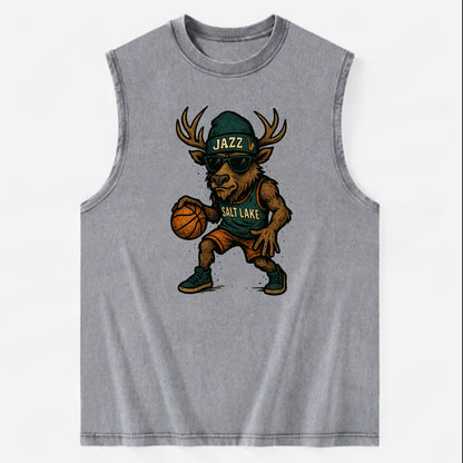 Salt Lake Elk wearing Jazz beanie with saxophone patch and wayfarer sunglasses - Vintage Washed Tank - Grey