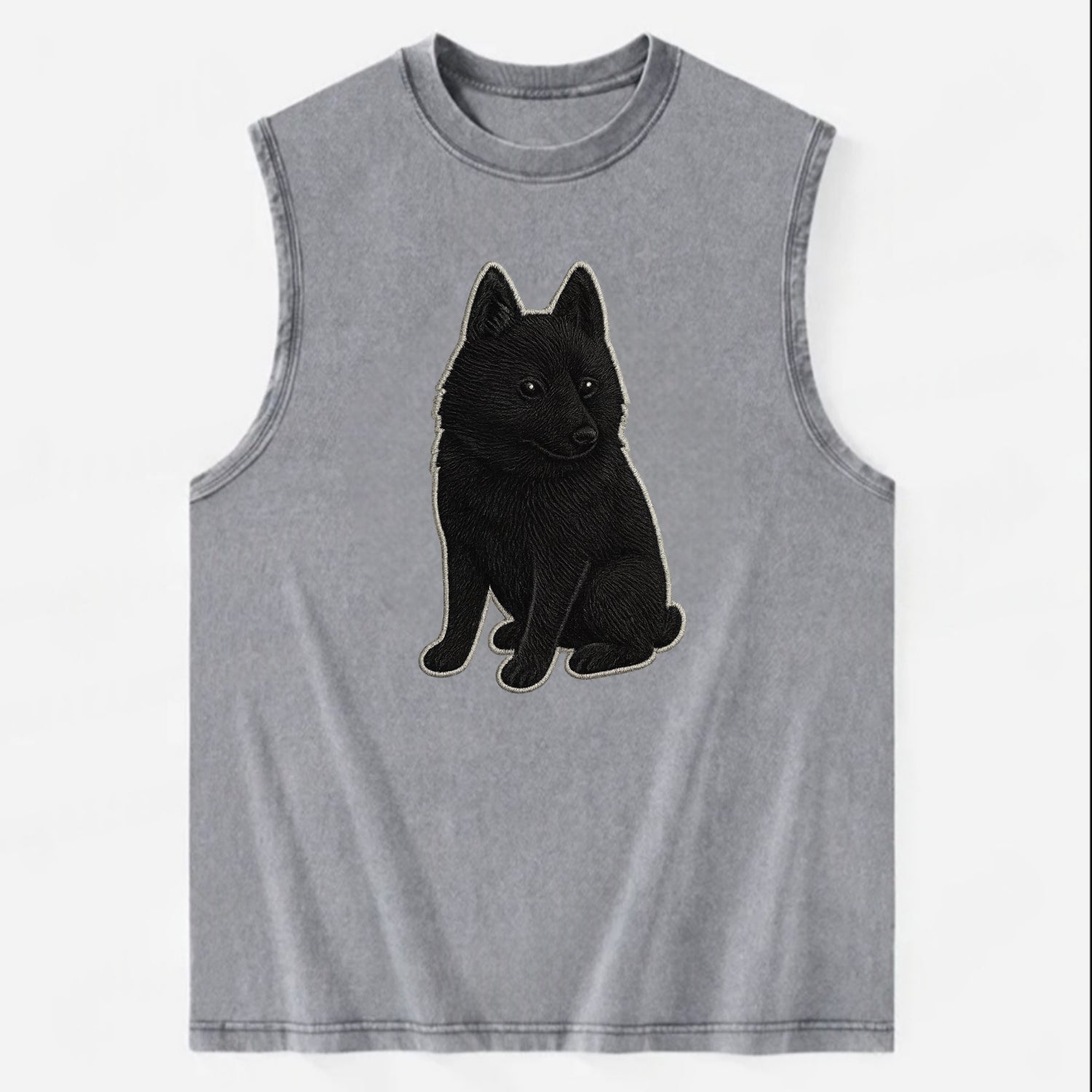Schipperke - Solid black small embroidered sitting pose - Vintage Washed Tank - Grey