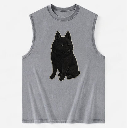 Schipperke - Solid black small embroidered sitting pose - Vintage Washed Tank - Grey