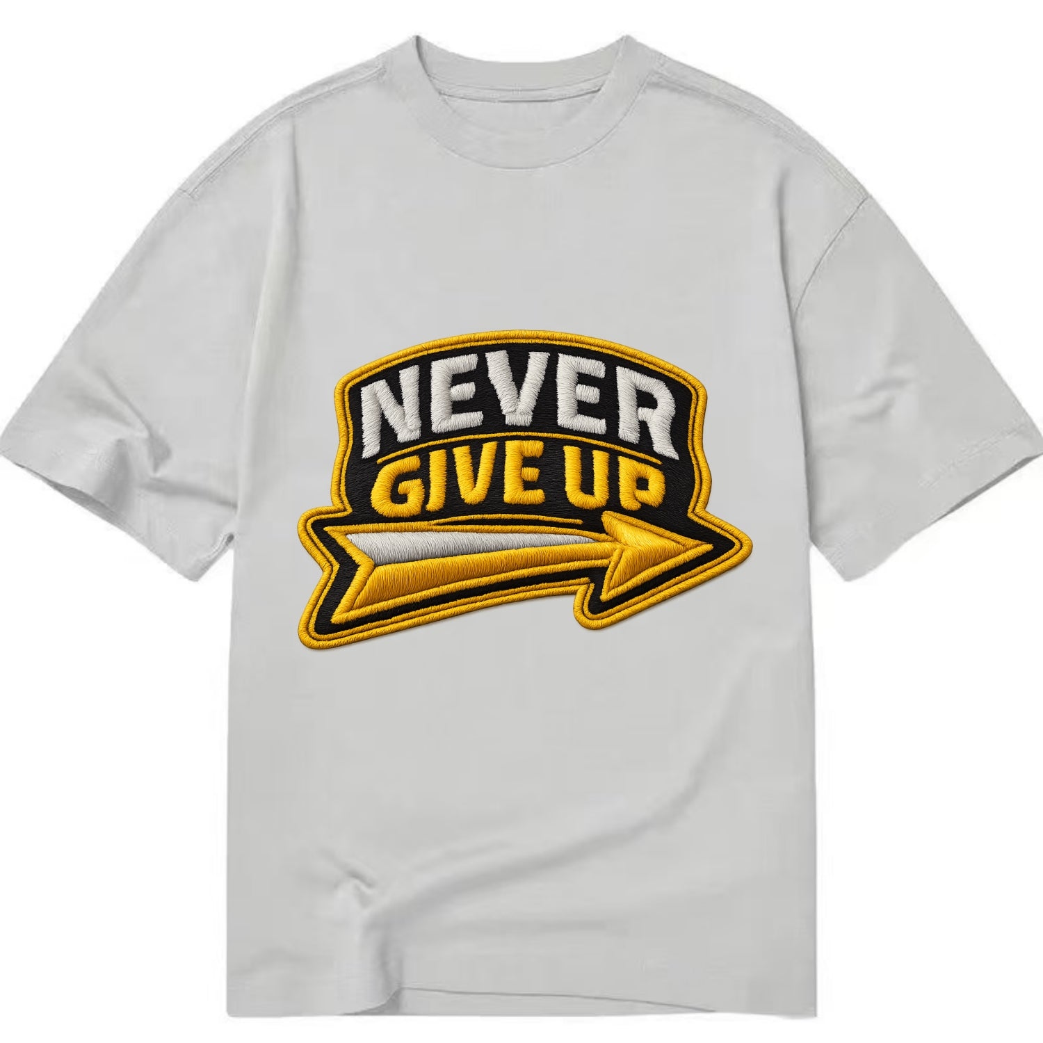 NEVER GIVE UP - bold text with arrow in gold , determination - Classic T-shirt - Grey