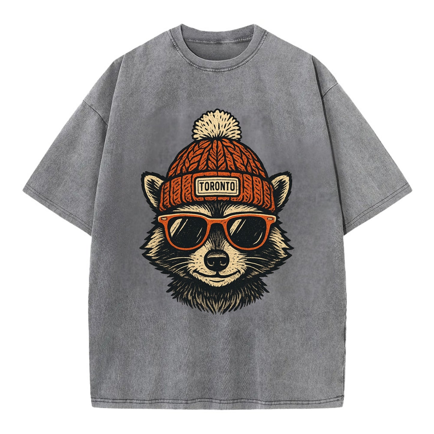 Toronto Raccoon wearing Toronto beanie with pom pom and wayfarer sunglasses - Vintage T-shirt - Grey