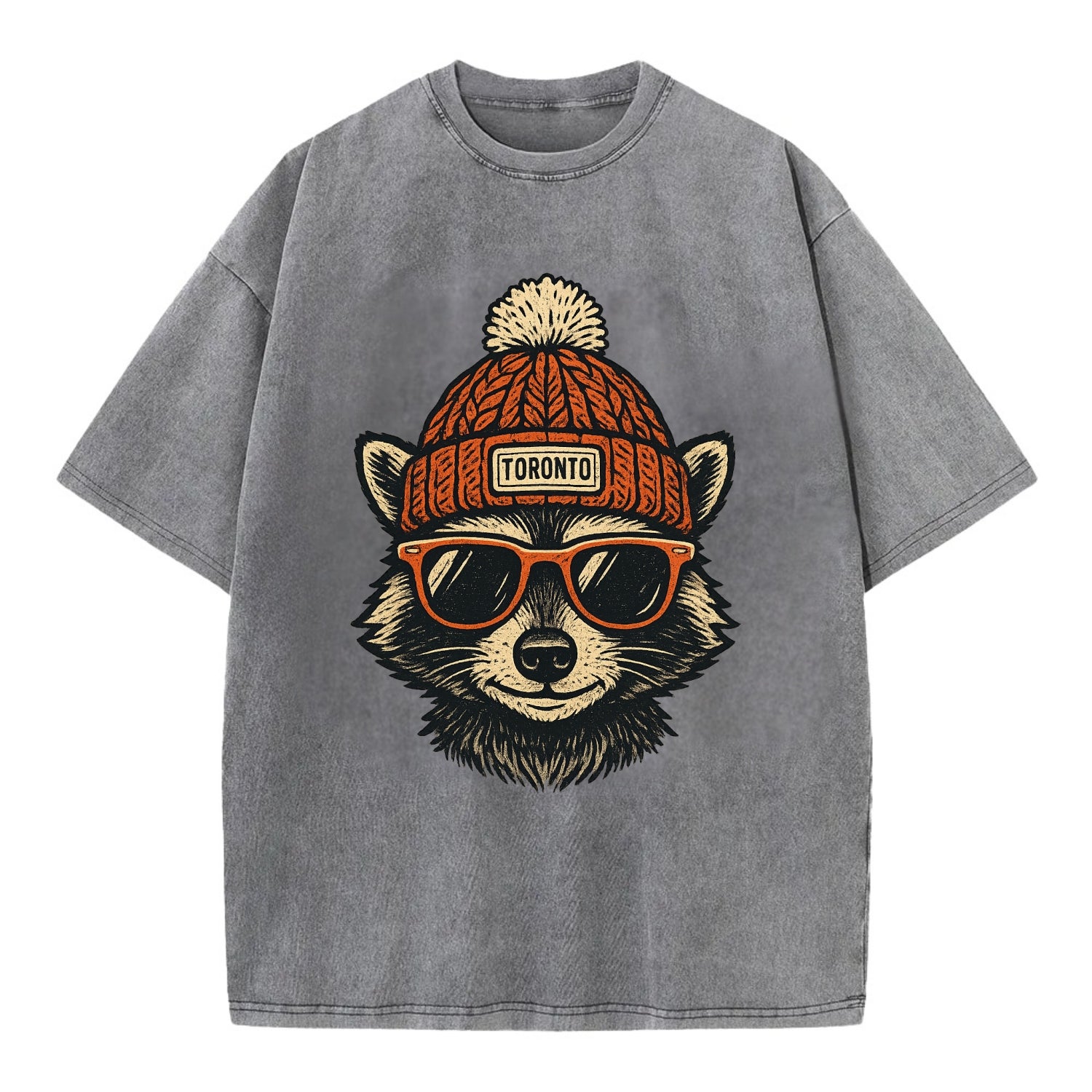 Toronto Raccoon wearing Toronto beanie with pom pom and wayfarer sunglasses - Vintage T-shirt - Grey